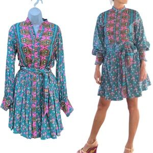 FEATHER & FIND Women Sz XS Hamsa Hand‎ Teal Pink Button Front Mini Shirt Dress
